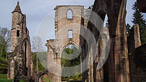 Facade of abbey ruin in black forest