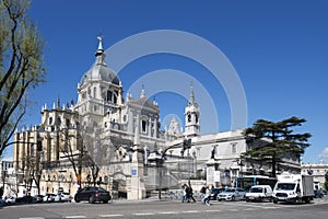 Facade of Almudena cathedral in Madrid seen from Bailen street,