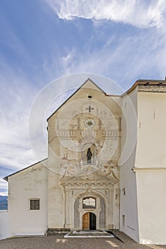 Facade of the ancient Benedictine Abbey of Monte Maria Abtei Marienberg, Burgusio, Malles, South Tyrol, Italy