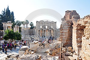 Facade of ancient The Library of Celsus at Ephesus, Turkey