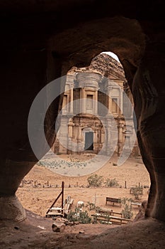 Facade of the ancient Monastery in the city of Petra, Jordan