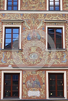 Facade of an ancient townhouse in the old town of Lublin