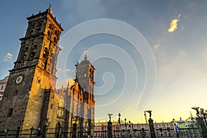 Facade Angels Outside Sunset Puebla Cathedral Mexico