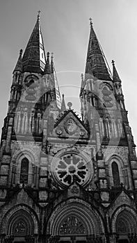 The facade of the Anglican Cathedral of Saint Fin Barre\'s in Cork, Ireland. Monochrome