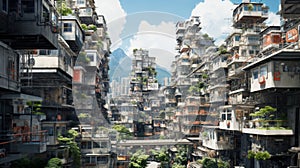 facade of apartment buildings, compact buildings in an Asian big city, balconies and windows in the cramped space of a photo