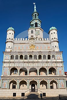 The facade with arcades of the historic Renaissance town hall in Poznan