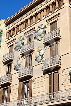 Facade of the Asian house of Umbrellas on Las Ramblas, Barcelona, Catalonia, Spain