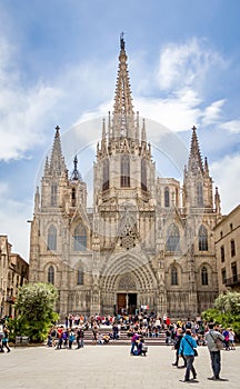 Facade of Barcelona gothic cathedral, in Spain