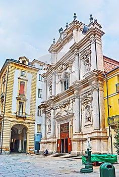 The facade of Basilica of Corpus Domini, Via Porta Palatina, Turin, Italy