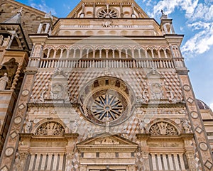 Facade of the Basilica of Santa Maria Maggiore and Cappella Colleoni in Citta Alta of Bergamo, Italy