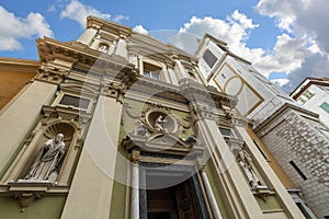 The facade and bell tower of the cathedral in Nice France