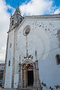 Facade with bell tower of Church Saint Mary Marvila and Manueline style portal, Santarém PORTUGAL