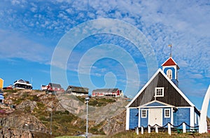 Facade of the Bethel Blue church 1775 located in Sisimiut, Greenland