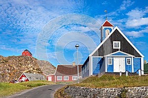 Facade of the Bethel Blue church 1775 located in Sisimiut, Greenland