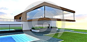 Facade board and large panoramic windows. Amazing design of a futuristic cottage with a cantilevered floor with a large overhang.