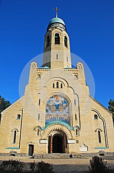 The facade of brick church in Ukraine