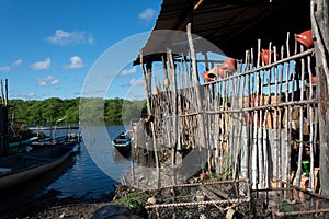 Facade of a brickworks with wooden walls in Maragogipinho, Aratuipe district in Bahia