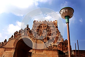 The facade of Brihadisvara ancient Temple in Thanjavur, india.