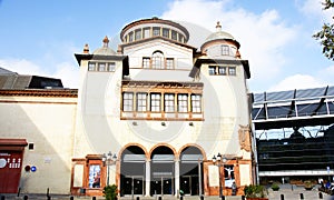 Facade of a building of the Mercat de les Flors in Montjuic