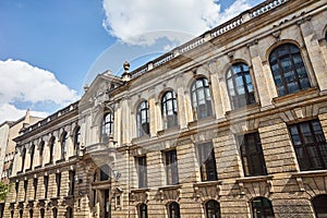 The facade of the building in the style of the late Renaissance library