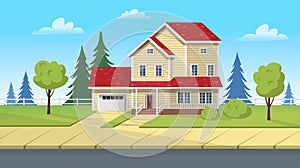 Facade building, suburban house with garage and green lawn. Vector cartoon illustration for games or animation. Layered background