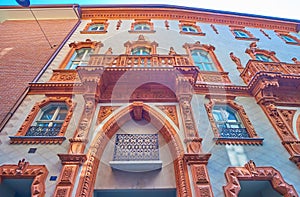 The facade of Ca`Rossa Casa Rossa mansion, made by sculptor Alessandro Manzoni, Bellinzona, Switzerland