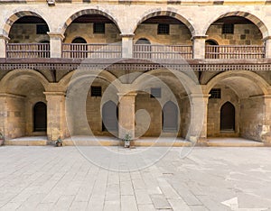 Facade of caravansary of Bazaraa, with vaulted arcades and wooden oriel windows, Cairo, Egypt