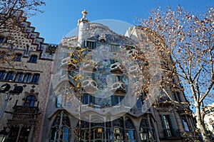 The facade of the Casa Battlo (house of bones) designed by Antoni Gaudi, Barcelona.