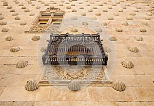 Facade of Casa de las Conchas in Salamanca, Spain, covered in scalloped shells, Community of Castile and LeÃ³n, Spain.  Declared a