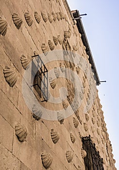 Facade of the Casa de las Conchas in Salamanca, Spain. exterior image shot from public floor