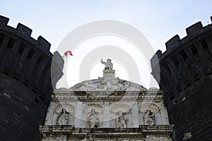 Facade of Castle Nouvo in Naples, Italy.