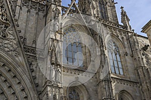 Facade of the Cathedral of Barcelona located in the old part of