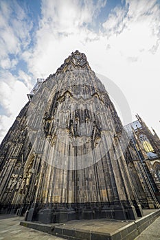 Facade of the Cathedral Church of Saint Peter, Catholic cathedral in Cologne, bottom view