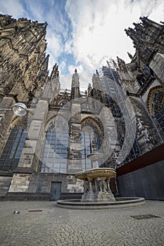 Facade of the Cathedral Church of Saint Peter, Catholic cathedral in Cologne, bottom view