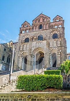 Facade of Cathedral Notre Dame de Puy in Le Puy en Velay - France