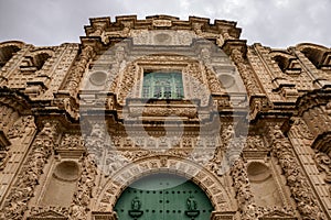 The facade of the Cathedral of Santa Catalina from Cajamarca in Peru photo