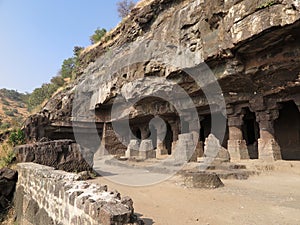 Facade of Cave 1, a 7th century vihara monastery from the later Mahayana Buddhist period, Aurangabad Caves, Maharashtra, India