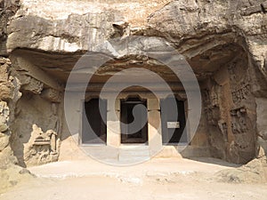 Facade of Cave 2, a Buddhist chaitya or shrine hall, in the Western group of the Aurangabad Caves, Maharastra, India