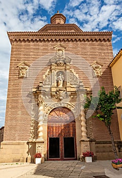 Facade of the church of the Carmelites, AlcaÃ±iz, Teruel, in Poble Espanyol, Spanish Village in Barcelona, Catalonia, Spain