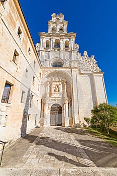 Facade of church in Monastery of Santa Maria de la Vid vertical photo