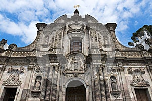 The facade of the Church of the Society of Jesus La Iglesia de la Compania de Jesus in the city of Quito, in Ecuador