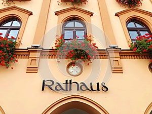 Facade of city hall in Pfarrkirchen, Bavaria - Germany with flowers