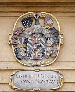 Facade coat of arms on the Landhaus historic center listed as World Heritage by UNESCO in Graz