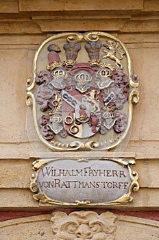 Facade coat of arms on the Landhaus historic center listed as World Heritage by UNESCO in Graz