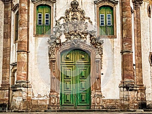 Facade of a colonial baroque church at Ouro Preto, state of Minas Gerais, Brazil