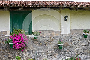 Facade of country house with green window, flower pots and lantern, horizontally