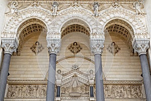 Facade decoration of Basilica of Notre-Dame de Fourviere in Lyon