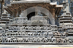 Facade and decorative friezes with animal figures, Chennakeshava temple. Belur, Karnataka. South East view.