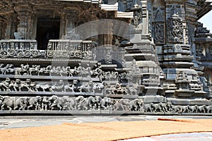 Facade and decorative friezes with animal figures, Chennakeshava temple. Belur, Karnataka. South East view. photo
