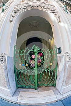 Facade detail of The Picker House, Art Nouveau style, Budapest, Hungary